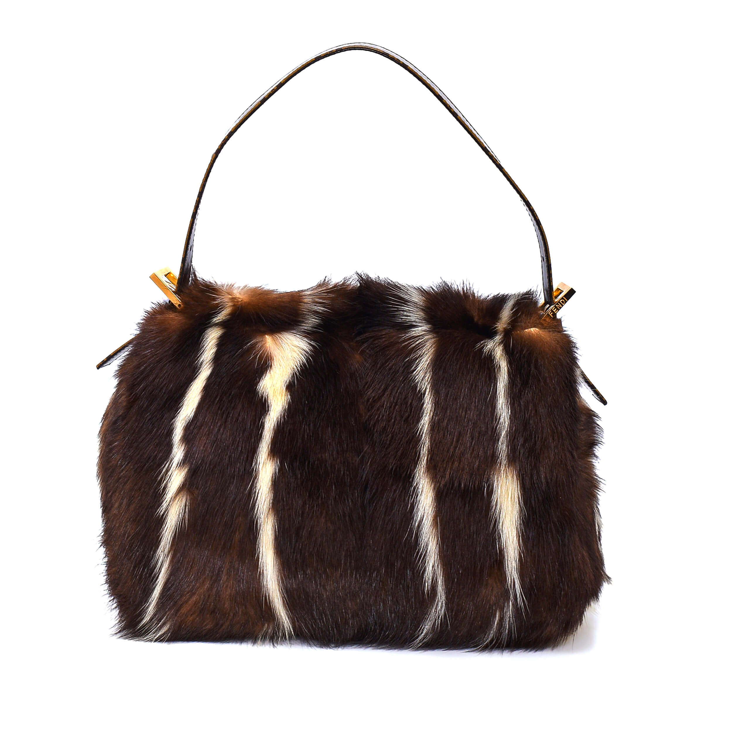 Fendi- Brown&White Fur FF Handle Baguette Bag 